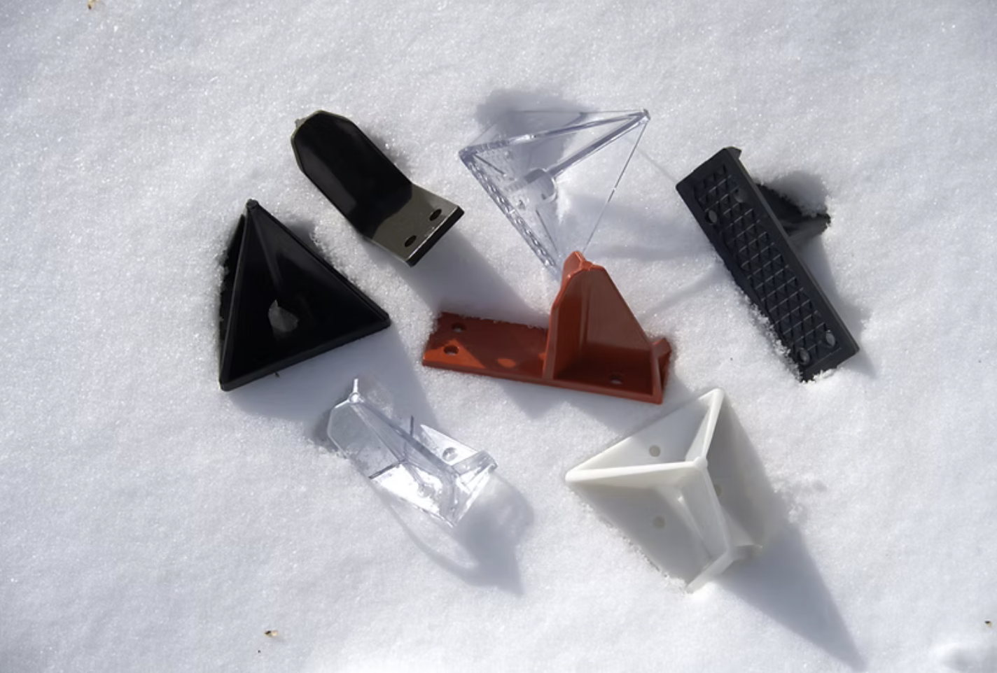 Pro Series and Mini Series snow guards in multiple colours on snow